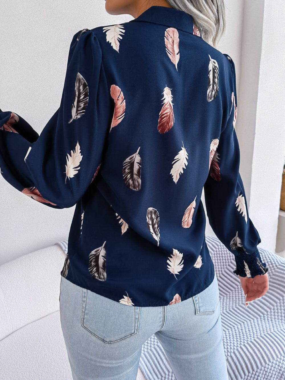 Spring Summer Elegant Feather Lantern Sleeve Collared Shirt Women Clothing