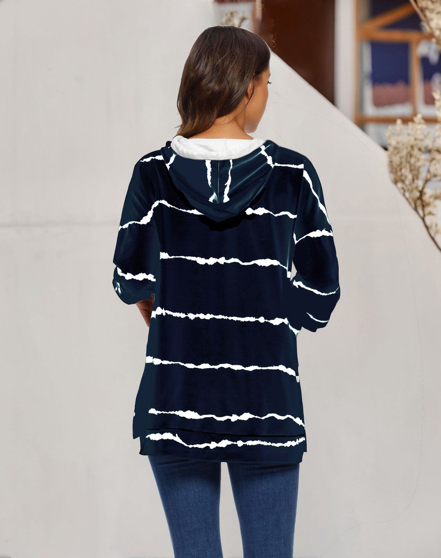 Women Clothing Tie Dye Printed Striped Hooded Loose Long Sleeves Sweatshirt
