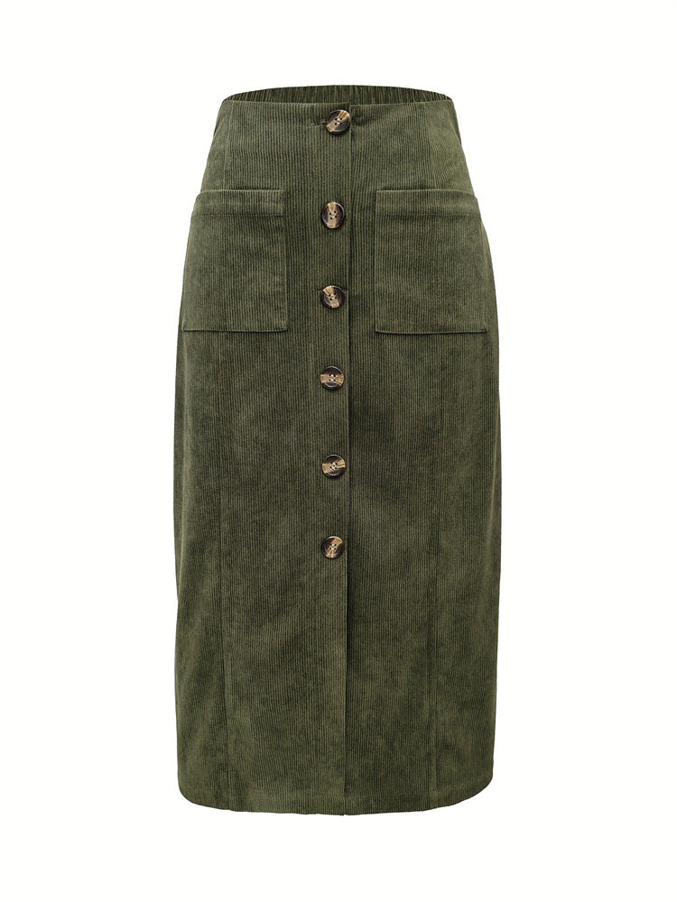 Women Autumn Skirt Casual Office Elastic Waist Breasted Patch Pocket Mock Fly Straight Mid Length Skirt