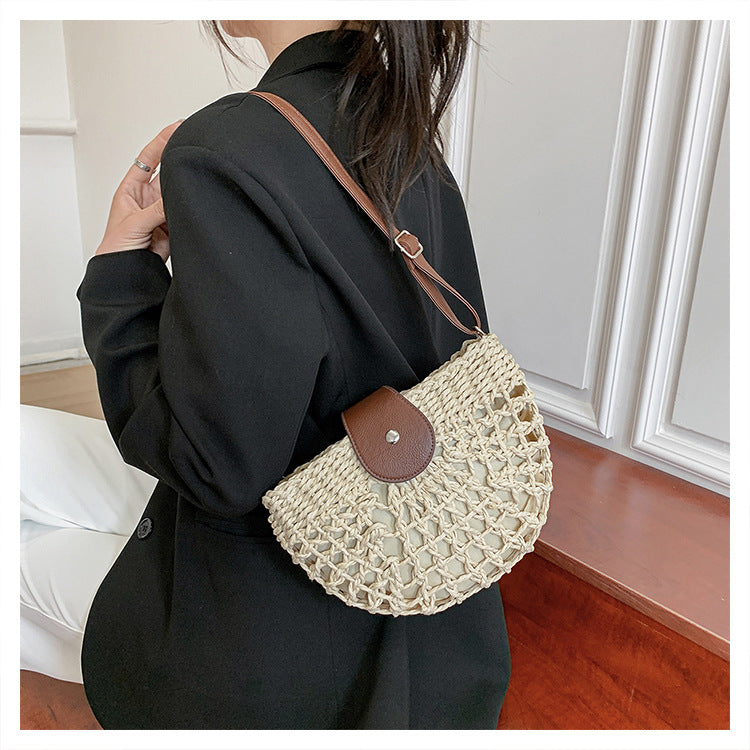 Fresh Hollow Out Cutout Semicircle Straw Bag Shoulder Crossbody Casual Straw Bag Woven Bag Vacation Beach Bag