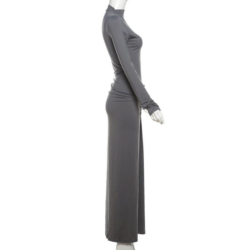 Autumn Winter Sexy Slimming Beam Waist Solid Color Maxi Dress Pleated Dress Women