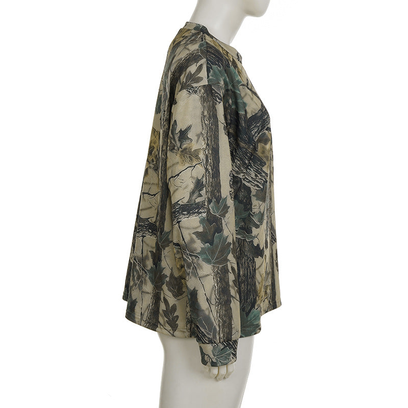 Retro Casual Camouflage Leaf Print Long Sleeve Crew Neck Sweater Spring Autumn Loose Long Sleeve Street Top