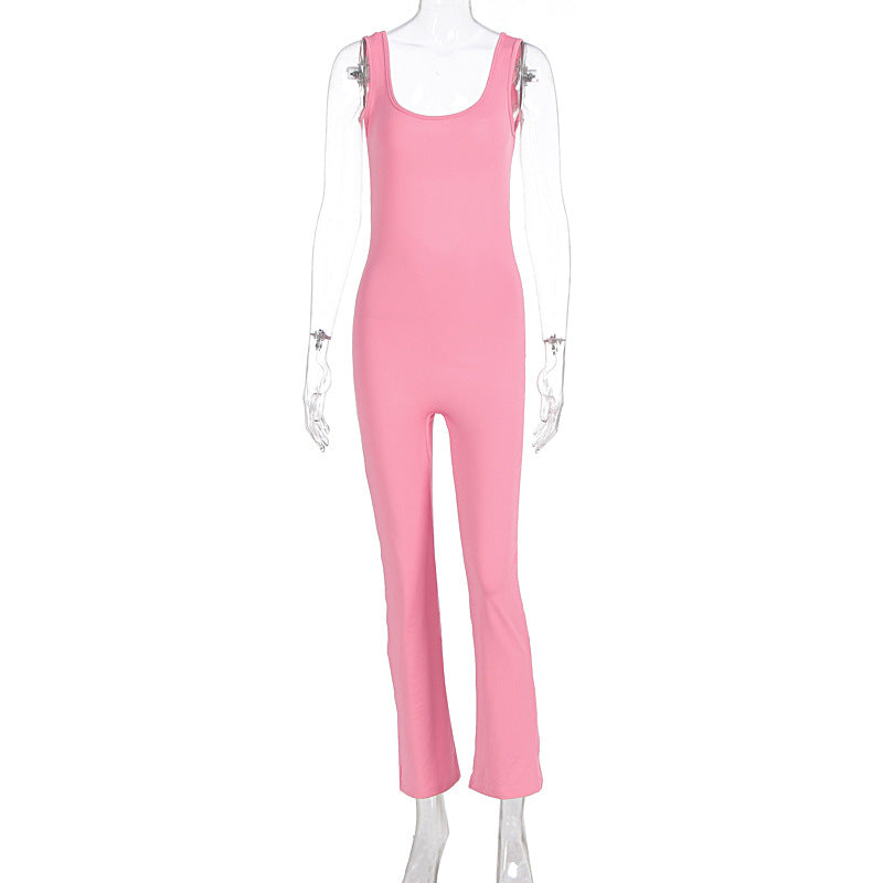 Women Clothing Summer Solid Color Sling Backless Hip Raise Skinny Sports Jumpsuit