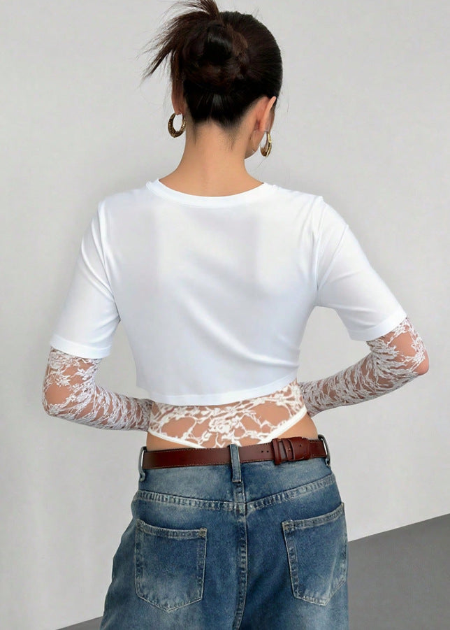One Piece Solid Color Cropped Outfit Slim Lace Stitching Short Sleeve Top