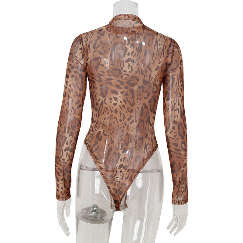 Sexy Women Wear round Neck Long Sleeve Tight High Elastic Leopard Print Mesh Floral Print Sexy Jumpsuit