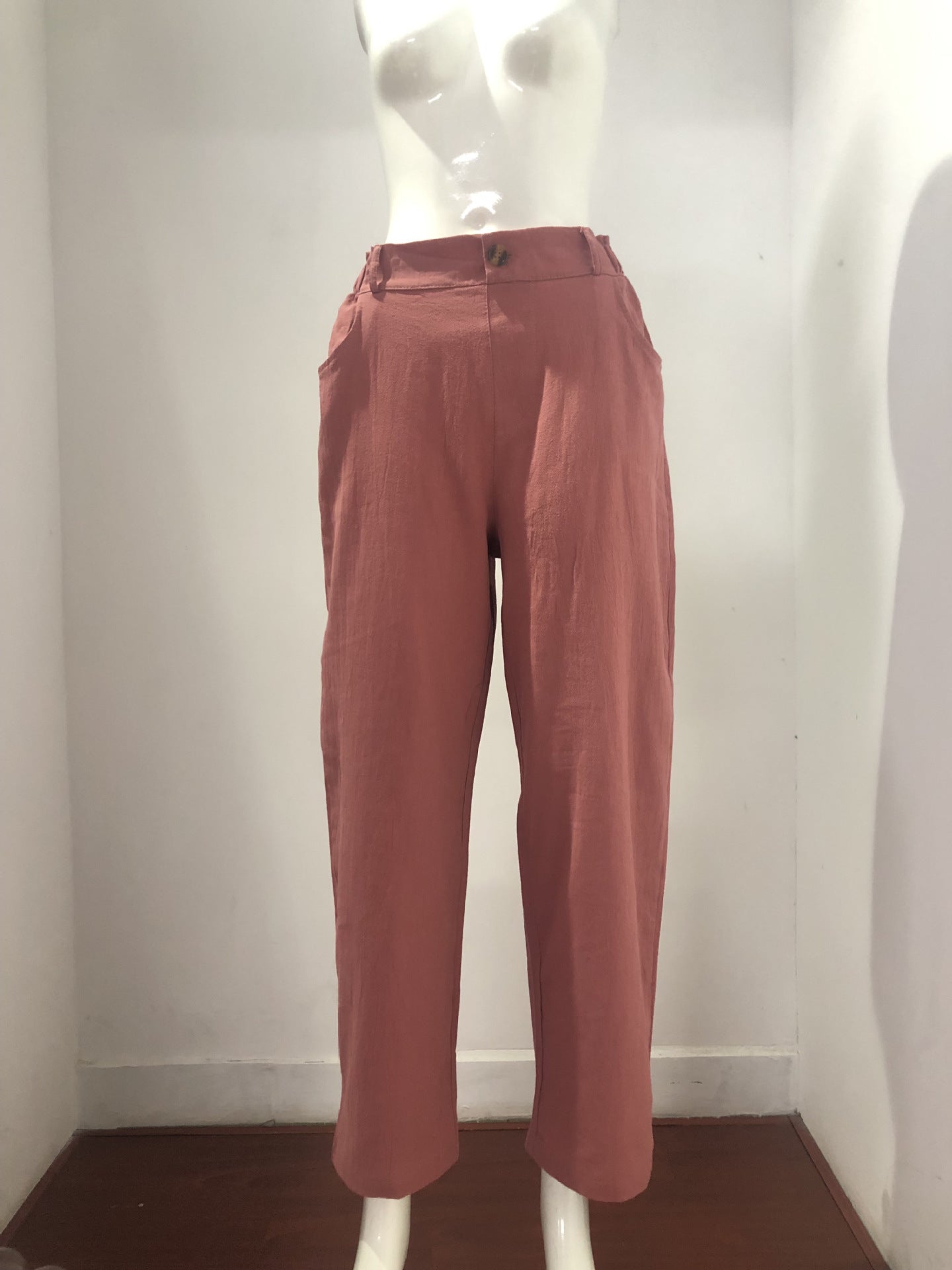 Women Clothing Summer Solid Color Cotton Linen Loose High Waist Casual Trousers