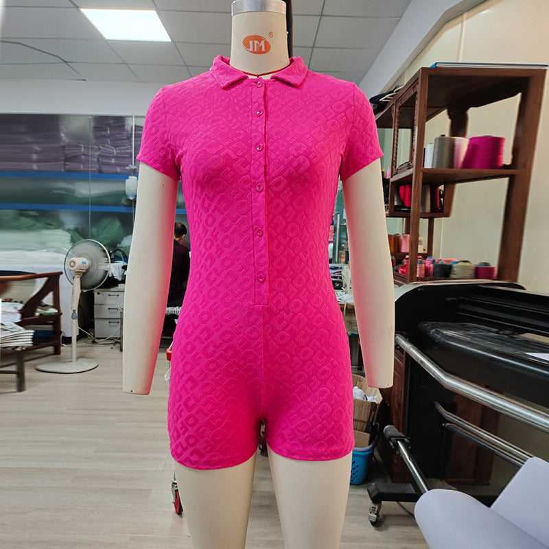 Knitted Embossed Women Jumpsuit Polo Collar Sexy Peter Pan Collar Cardigan Single Breasted Shorts Jumpsuit