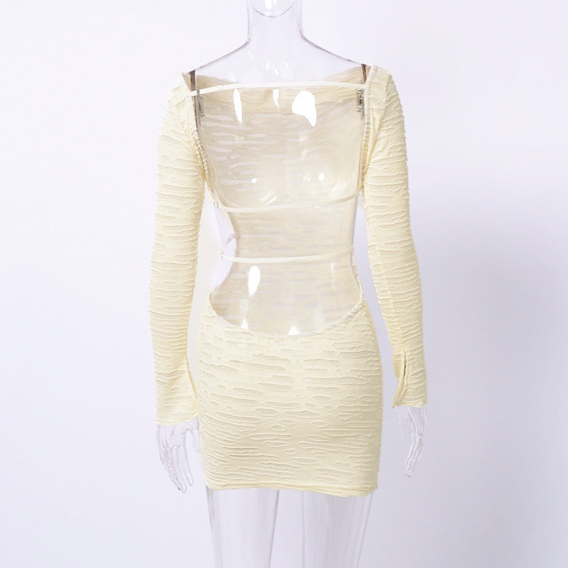 Autumn off the Shoulder Beauty Back Hollow Out Cutout out Tight Sexy Sheath Long Sleeve Texture Dress