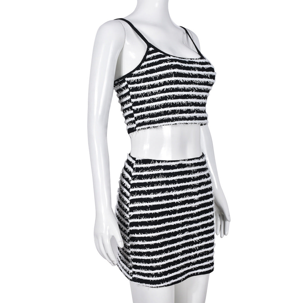 Self Designed Women Clothing Hollow Out Cutout Cropped Contrast Color Sling Top Skirt Two Piece Set