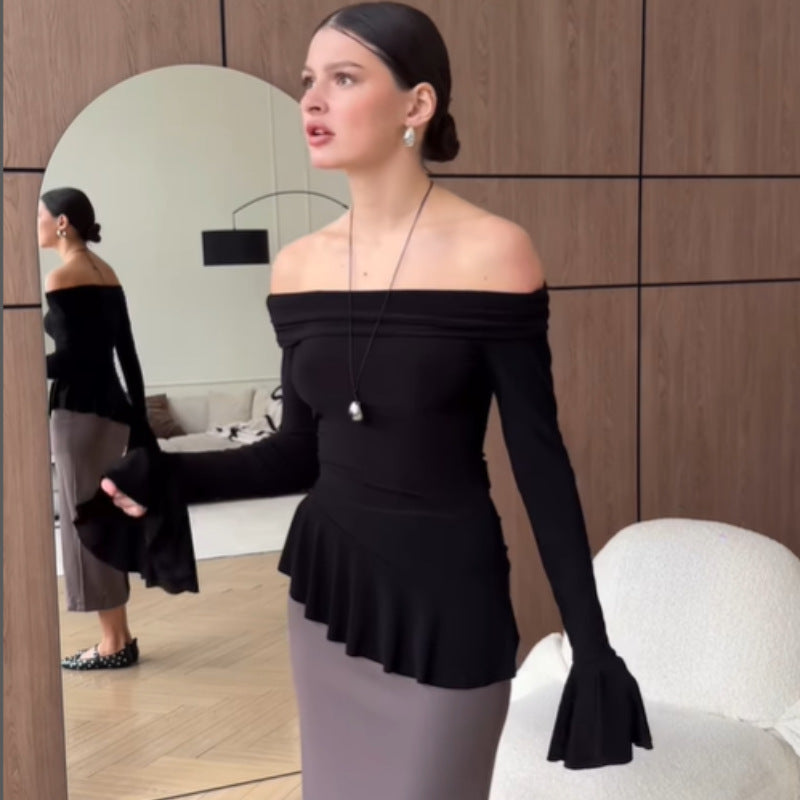 Women Clothing Spring Summer off Shoulder Bell Sleeve Long Sleeved Fitted T shirt Top Women