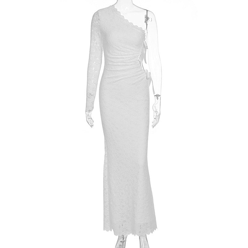 Autumn Winter Sexy Lace Bow Hollow Out Cutout out Long Sleeve One Shoulder Diagonal Collar Dress Women