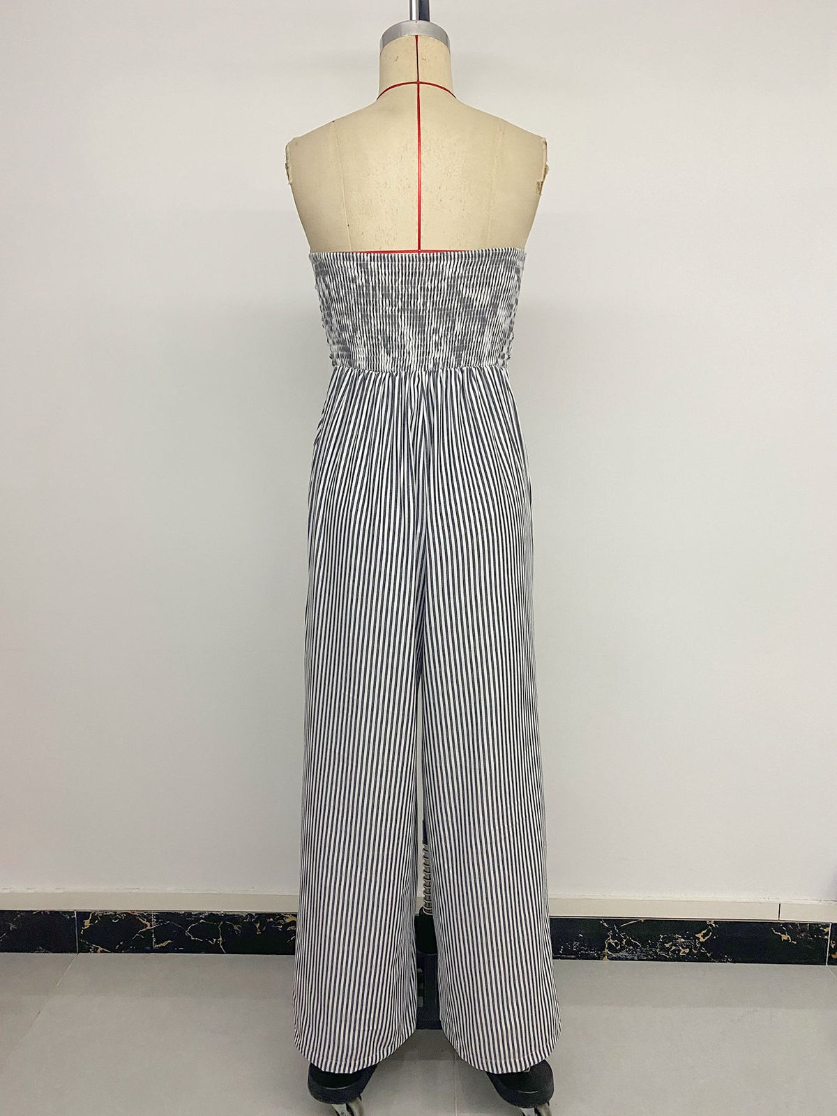 Striped Jumpsuit Smocking Wrapped Chest Sleeveless Backless Striped Jumpsuit Women