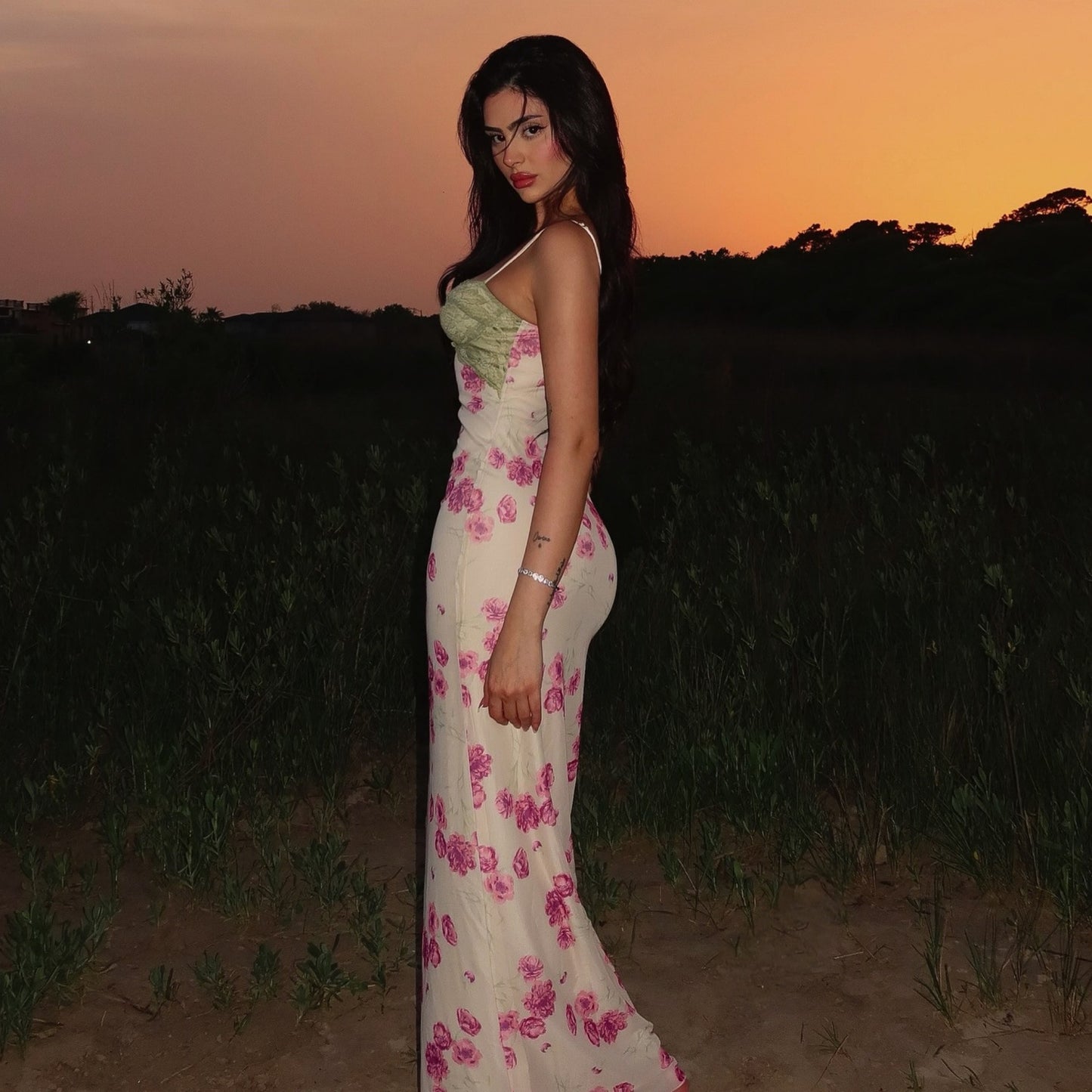 Summer Women Printed Lace Stitching Sexy Slim Hip Spaghetti Straps Dress