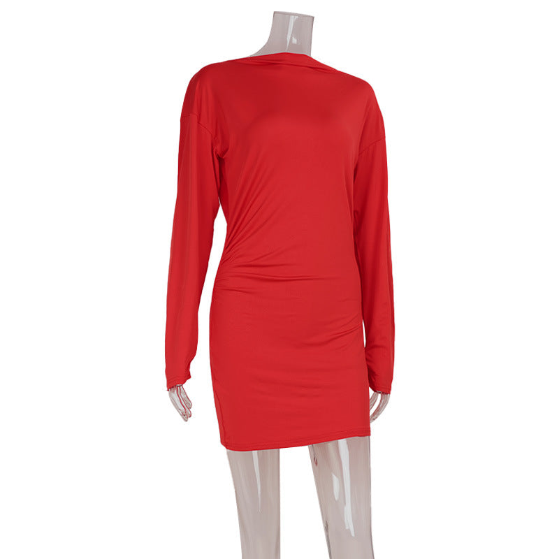 Red Women V Shaped Backless Elegant Socialite Solid Color Slim Dress Women