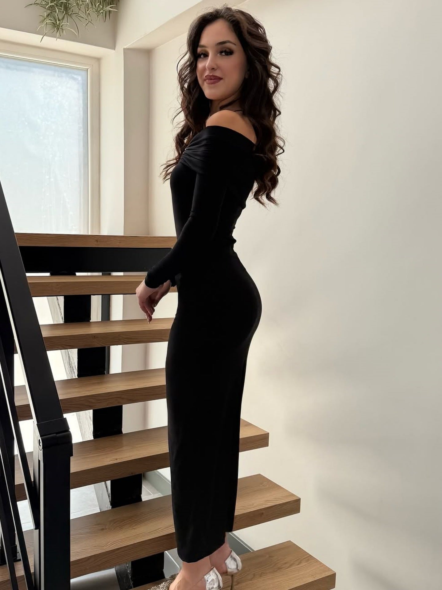 Women Clothing Fall Sexy Tube Top off Neck Solid Color Midi Dress