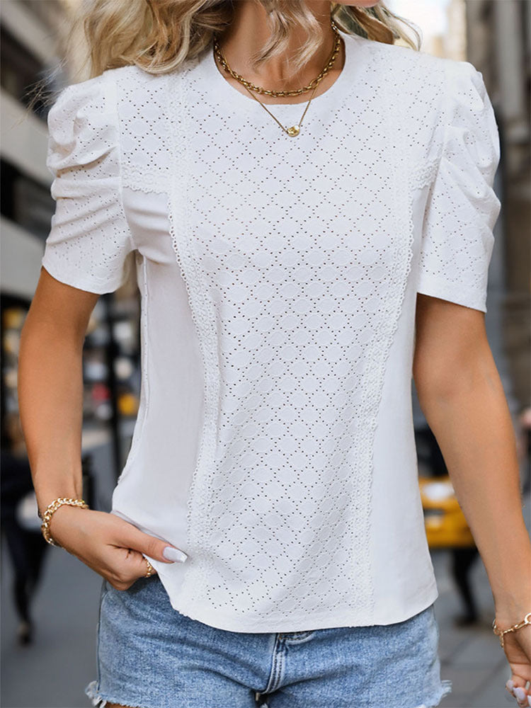 Summer Women White Puff Sleeve Texture Top for Women