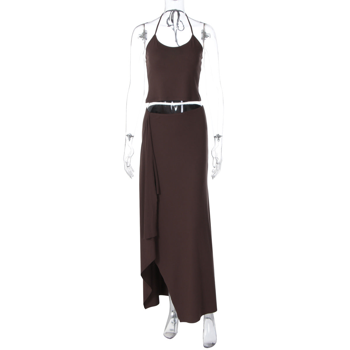 Autumn Close Fitting Sexy Halter Small Sling Irregular Asymmetric Solid Color Maxi Dress Two Piece Sets Women