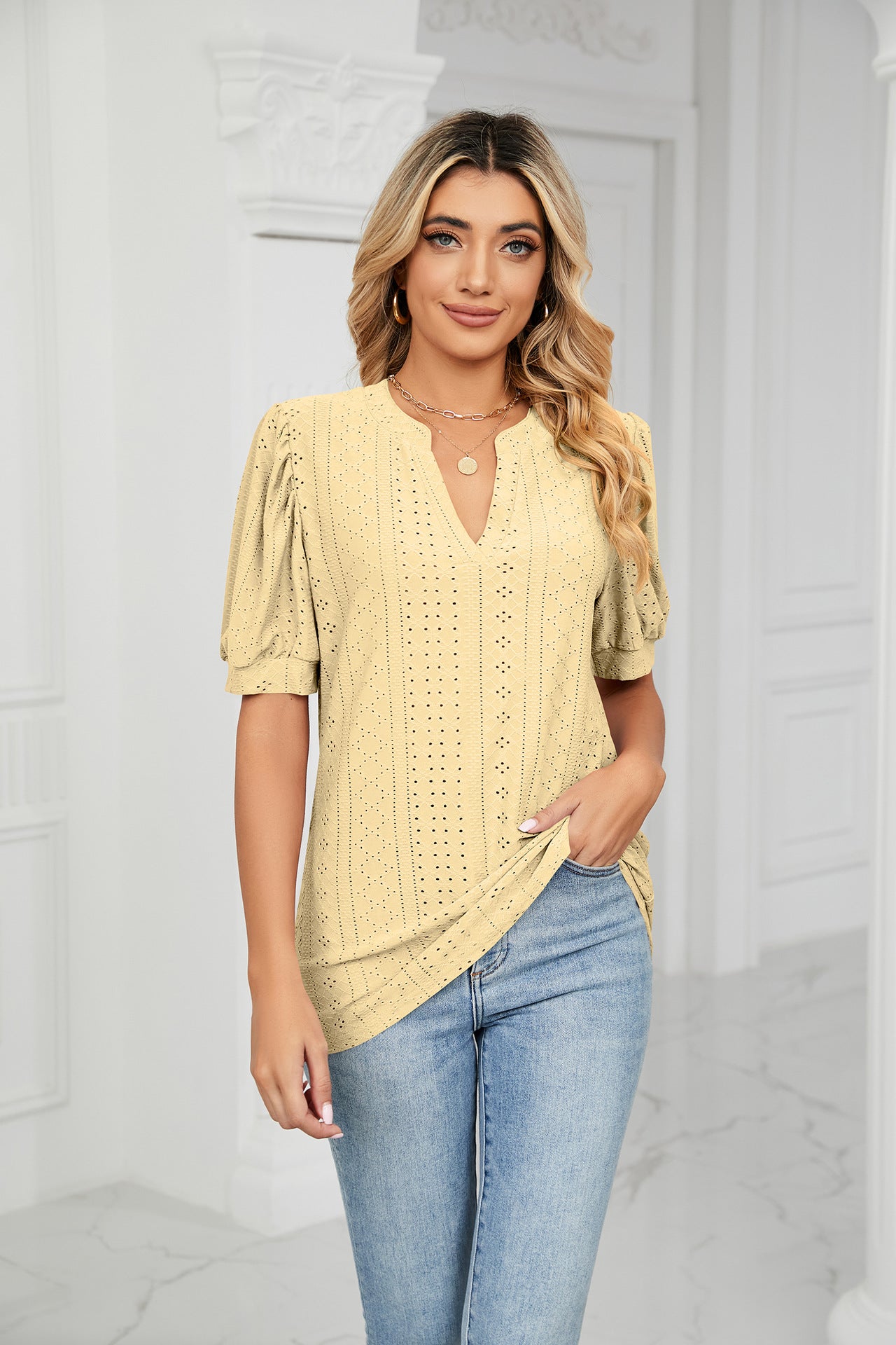 Summer Casual V Neck Solid Color Hollow Out Cutout Puff Sleeve Loose Fitting T Shirt Top Women