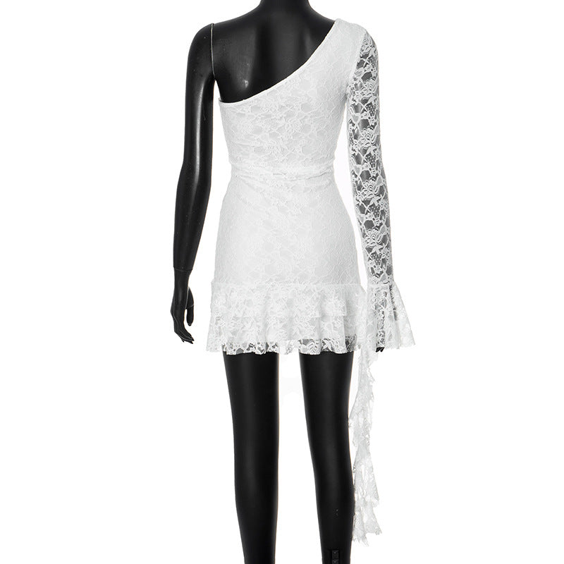 Women Autumn Shoulder Sleeve Ruffles Streamer Long Sleeve Short Dress
