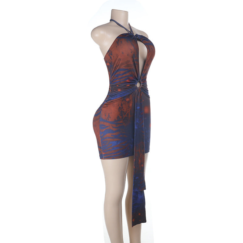 Sexy Backless Waist Trimming Halter Cut out Printed Sheath Dress