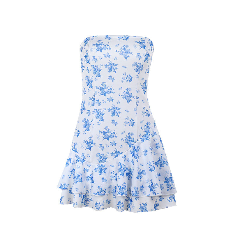 Autumn Hip Fashionable Elegant Slim-Fit Printed Tube Top A line Dress