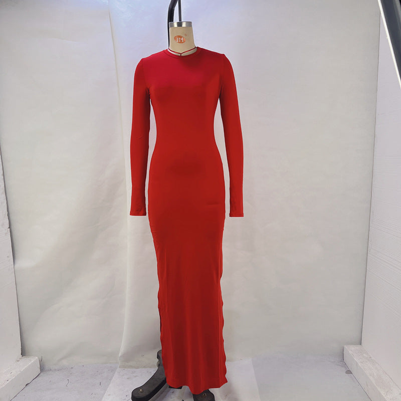 Women Clothing Spring Summer Solid Color Long Sleeve Tight Waist Hip Split Dress Women