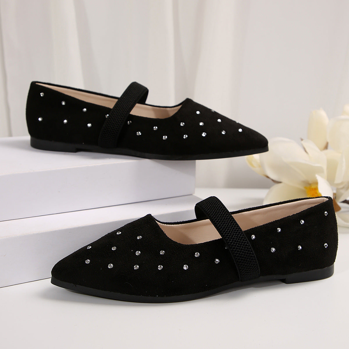 Pointed Toe Rhinestone Low Cut Flat Pumps Women Suede Four Seasons Work Shoes Supply