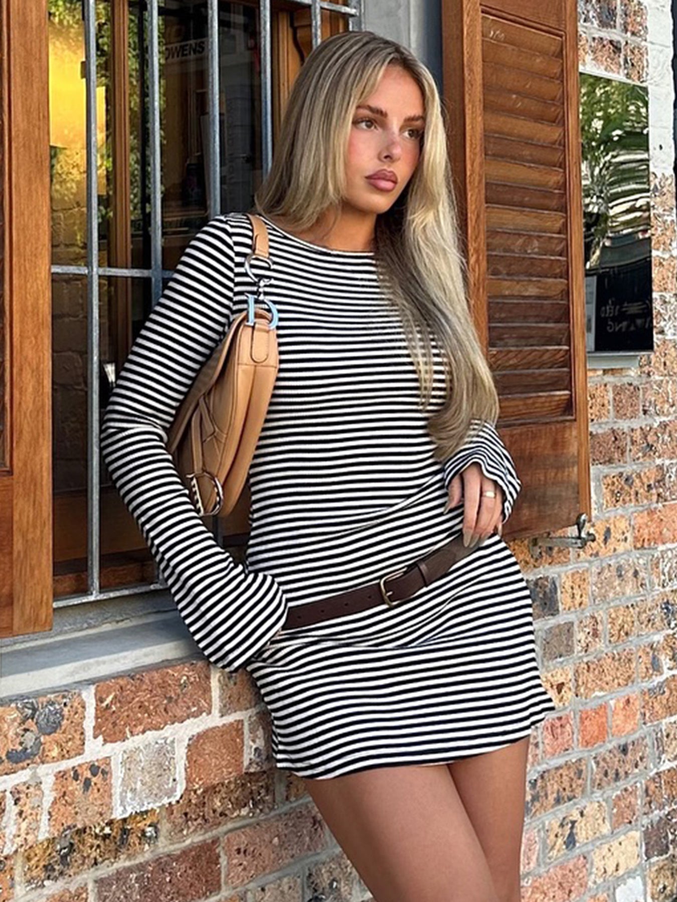Striped Long Sleeve Slim Dress Women Sexy Flare Sleeve Casual Knitted Sheath Dress