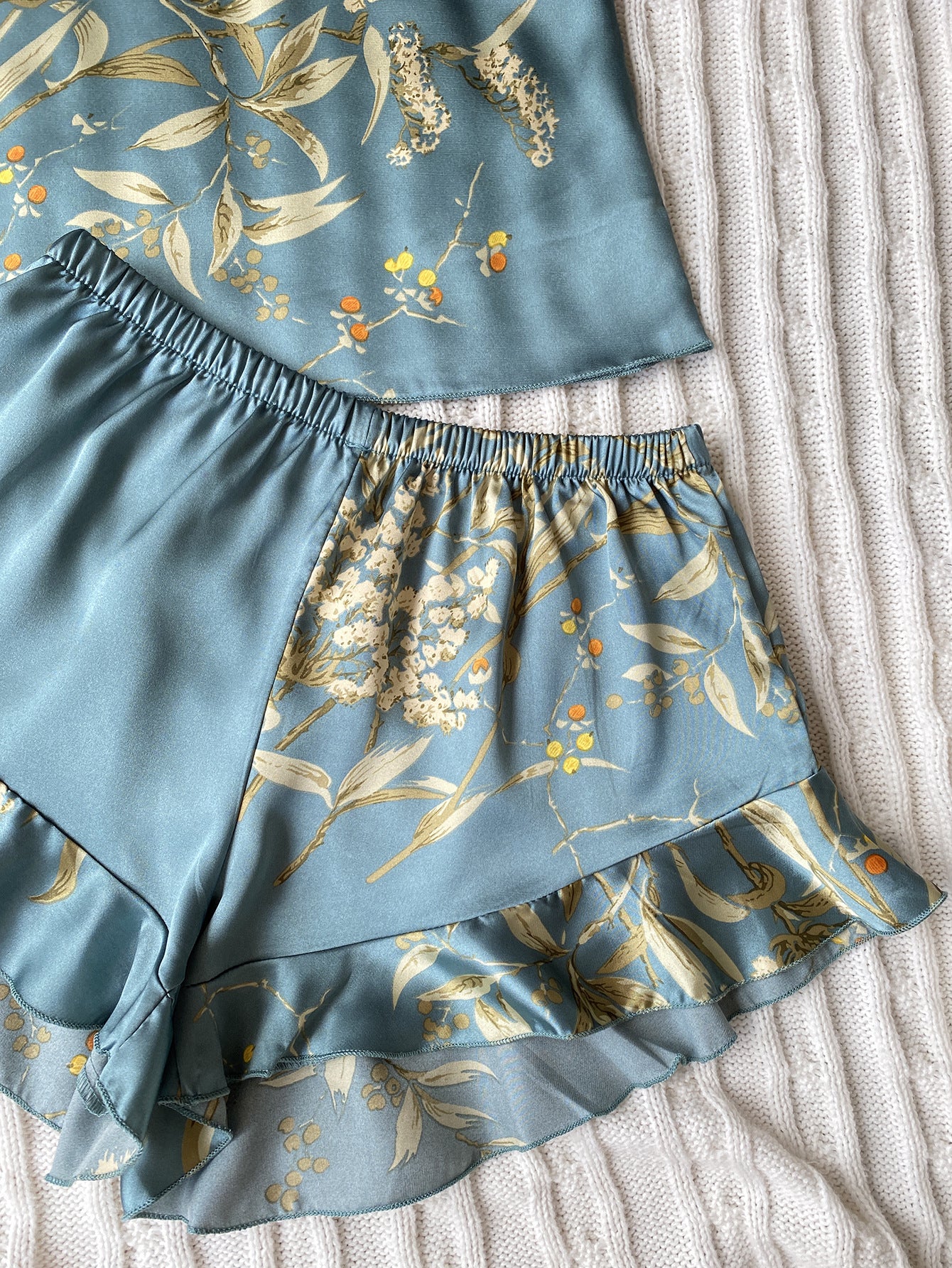 Spring Summer Imitated Silk Pajamas Two-Piece Printed Shorts Home Wear Suit Sexy Sling Dress