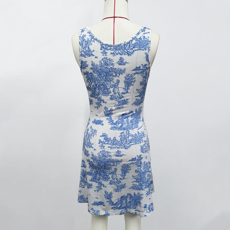 Women Printing Slip Dress Sexy Beach Square Collar Dress