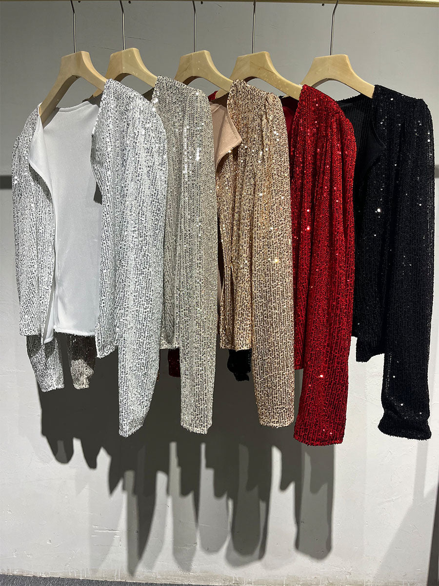 Women Autumn Round Neck Long Sleeve Solid Color Cardigan Casual All Match Sequin Coat