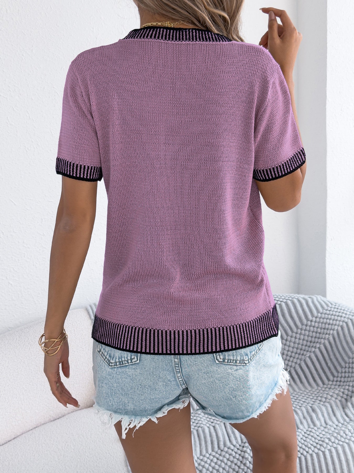 Spring Summer Casual Contrast Color Striped Pocket Short Sleeve Knitwear Women Clothing