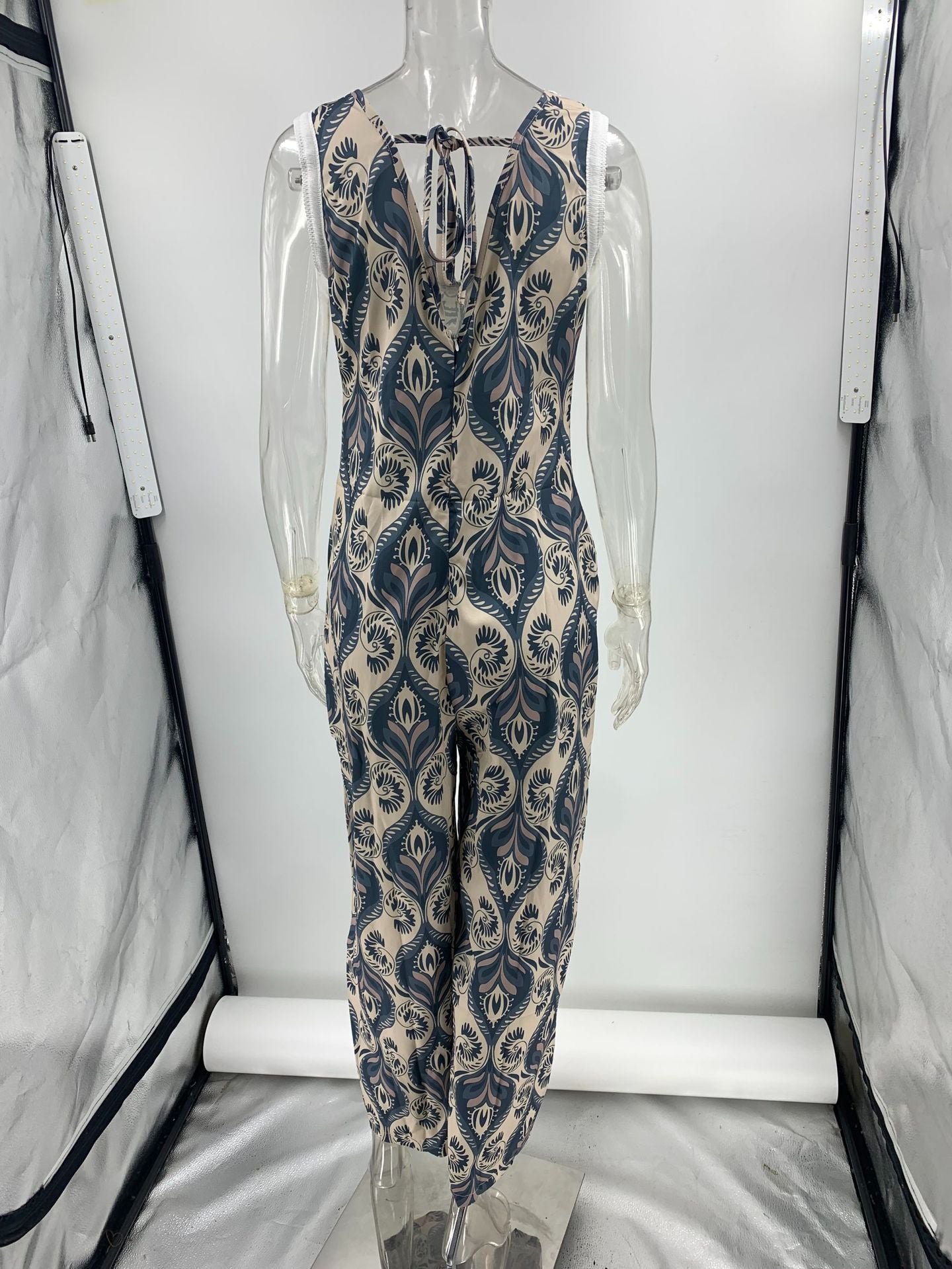 Printed Casual Loose V neck One Piece Trousers