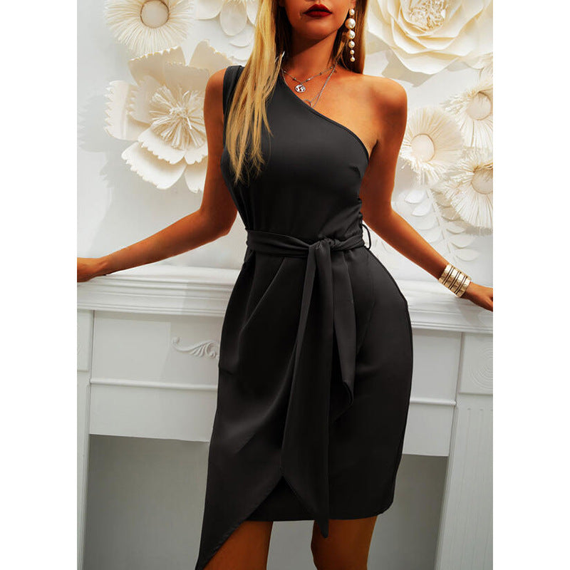 Summer Solid Color Sleeveless Shoulder Irregular Asymmetric Lace-up Party Dress