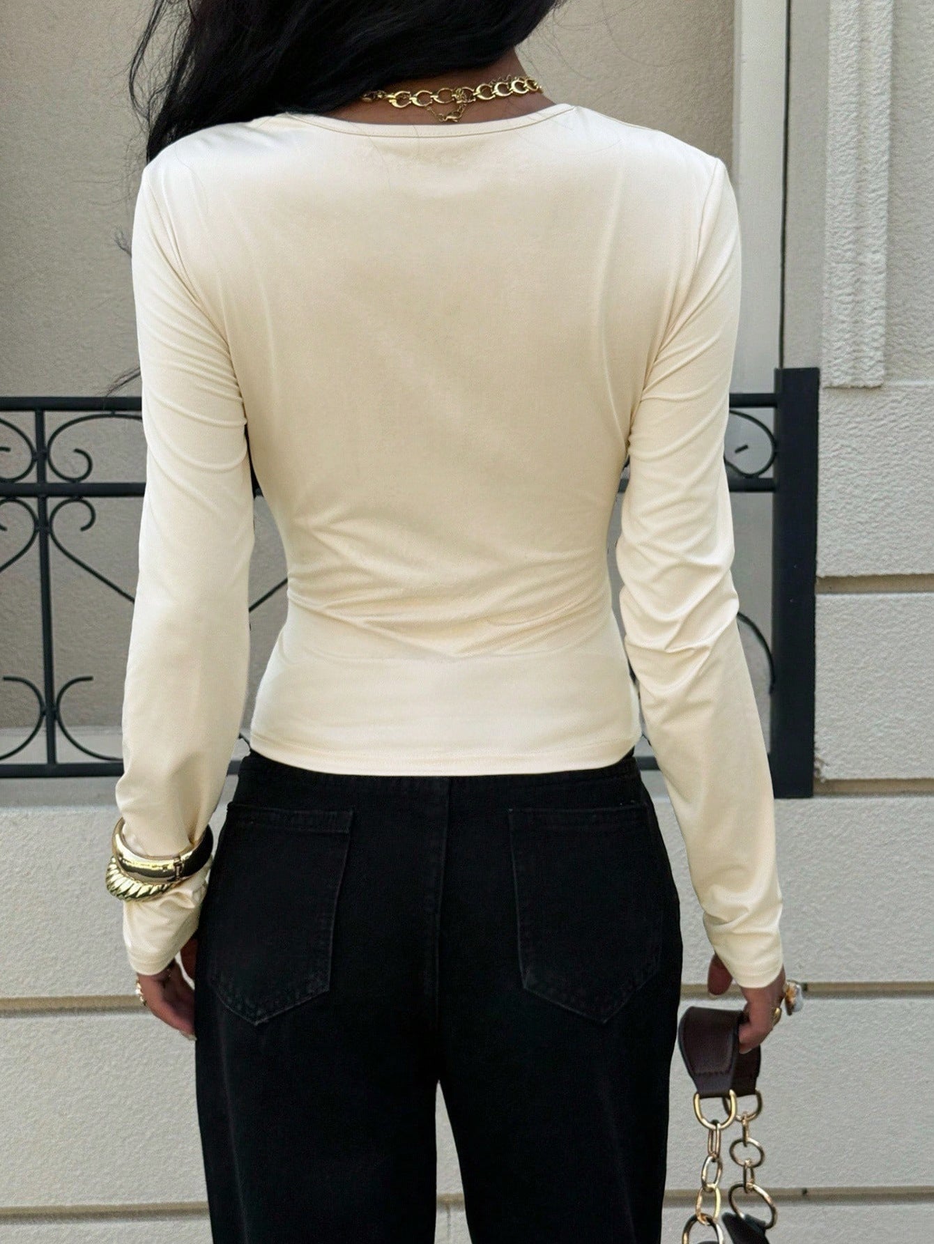 French Minority off White Top Women Front Chest Irregular Asymmetric Cross Pleated Design Long Sleeve Loose Figure Flattering Blouse