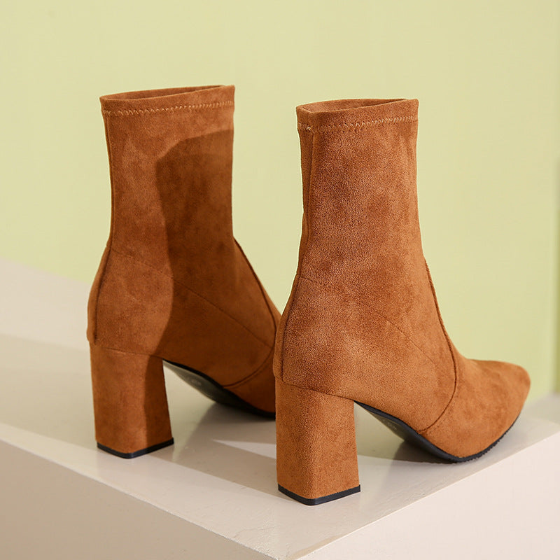 Boots Short Tube Women Elastic Fabric Mid Heel Chunky Heel Pointed Toe Ankle Boots