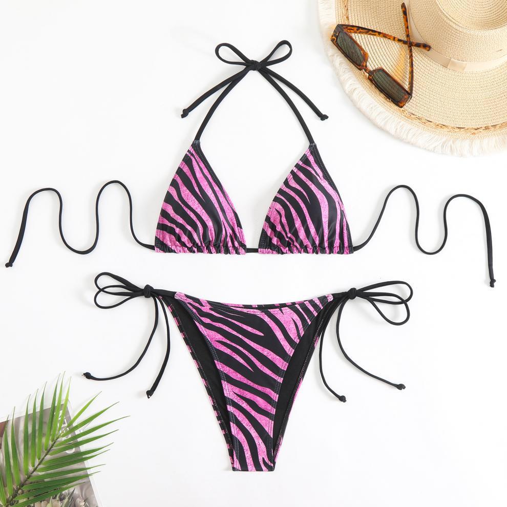 Split Swimsuit Women Striped Lace up Halter Bikini Net Red Printing Swimsuit