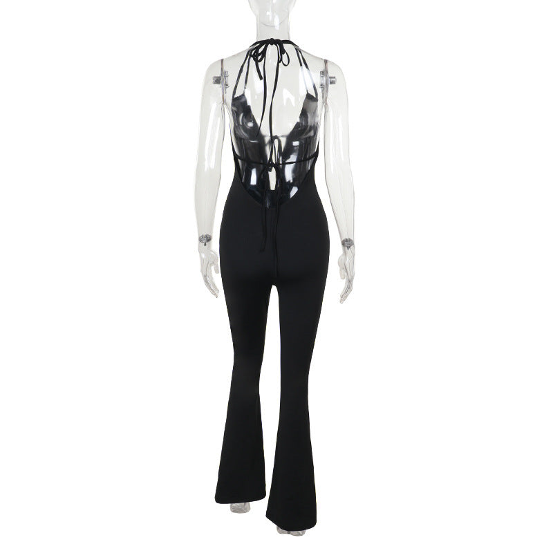 Pocket Collar Deep V Plunge Strap Halter Jumpsuit Women Clothing Summer Sexy Backless Bodysuit