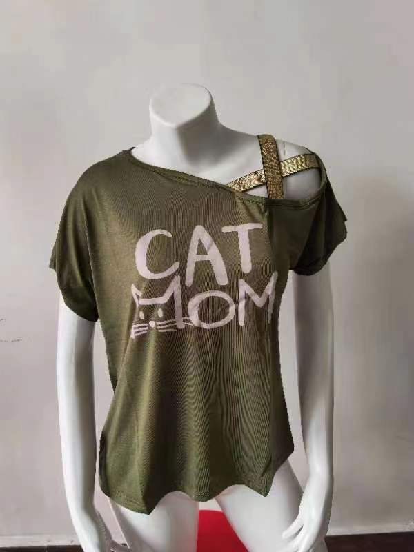 Summer Casual Criss Cross Irregular Asymmetric Short Sleeve Women Printed Wear T-shirt for Women