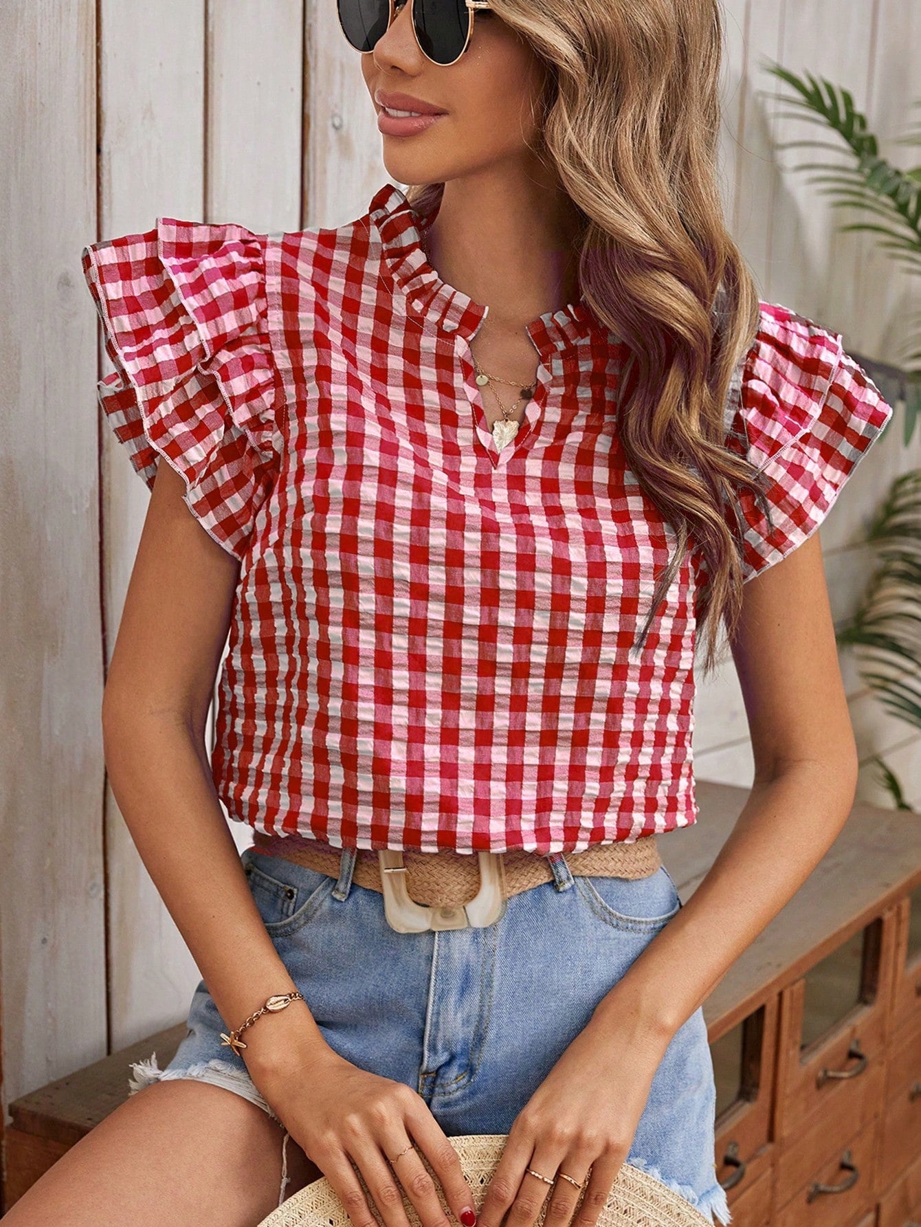 Summer Top Double Layer Ruffled Sweet Cute Women Clothing Plaid Short Sleeve