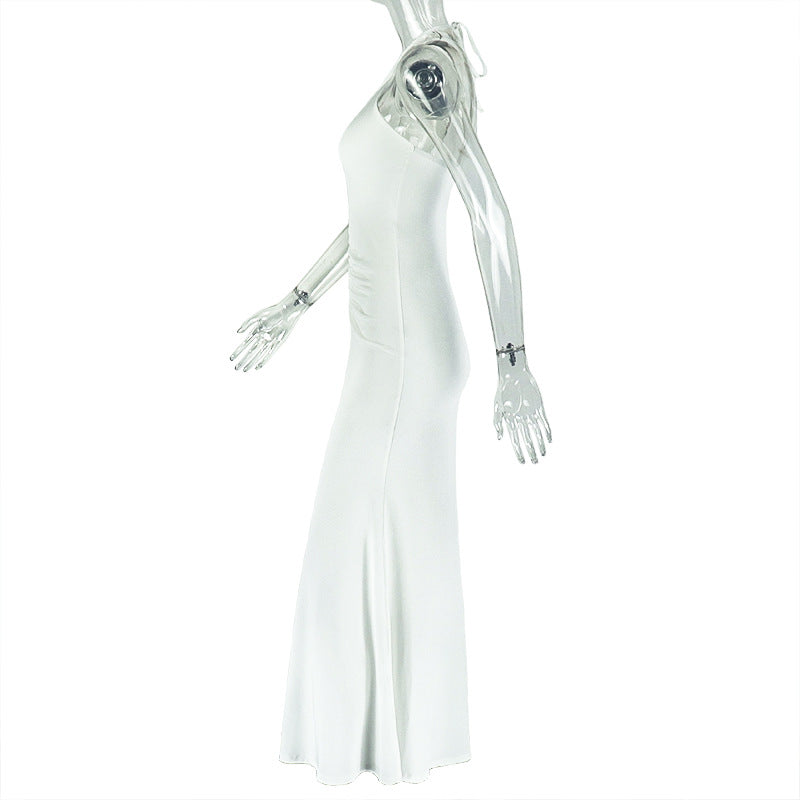 Solid Color Elegant Women Pleated Backless Hip Slim Fit Cross Halterneck Maxi Dress