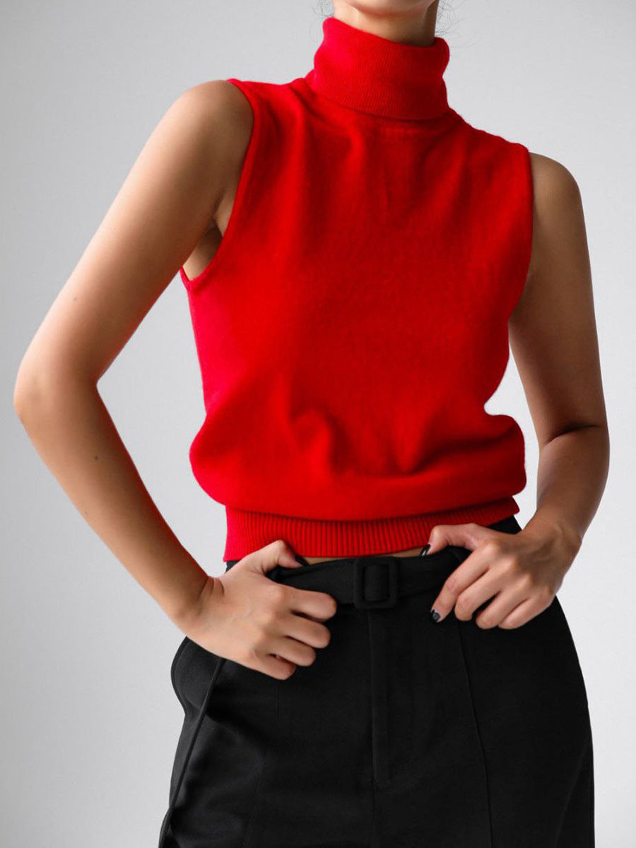 Knitted Sleeveless Vest Autumn High Neck Vest Sweater Minimalist Vest Top Women