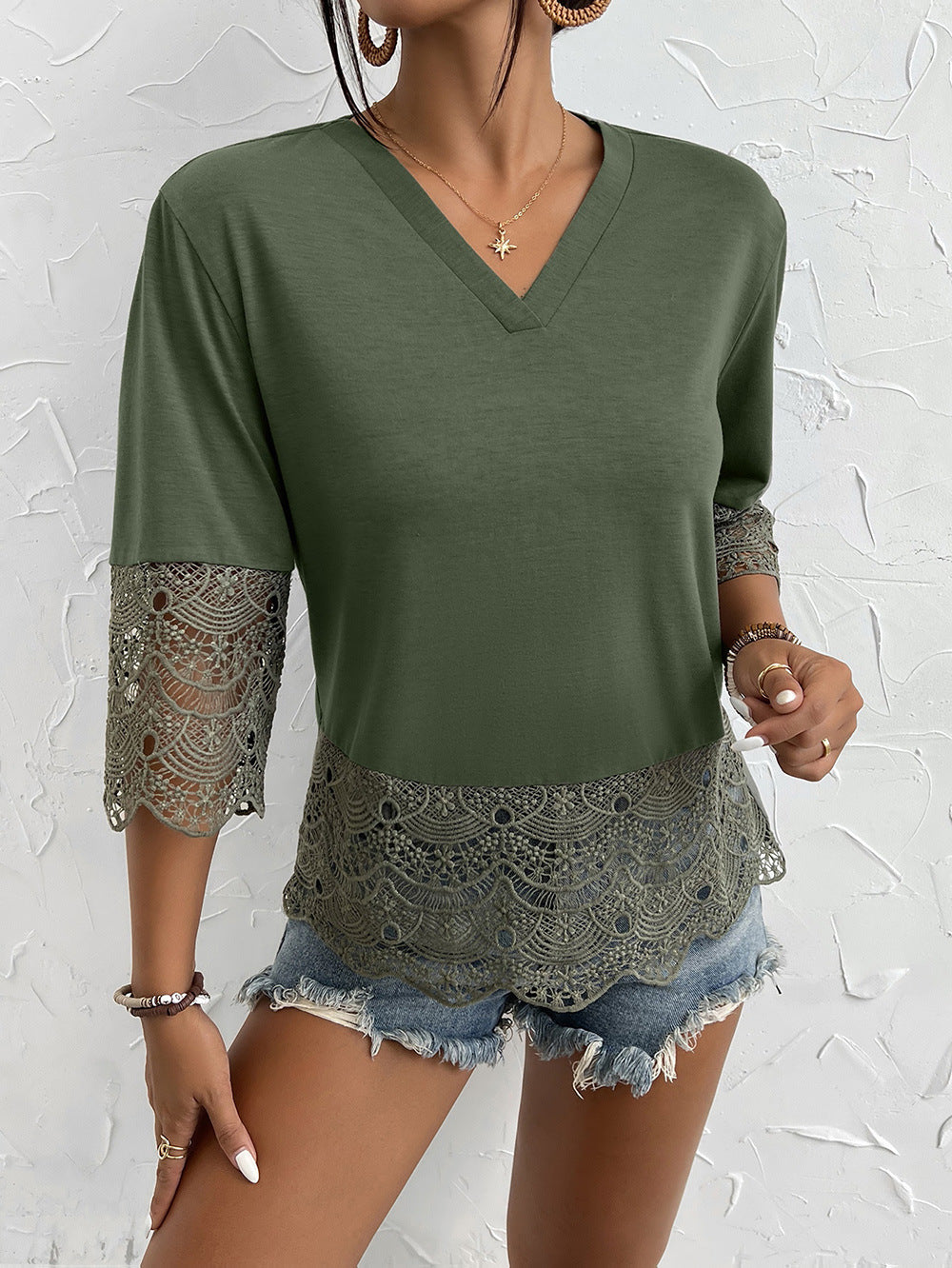 Women Clothing Cutout Lace Stitching Half Sleeve Sexy V neck T shirt Women