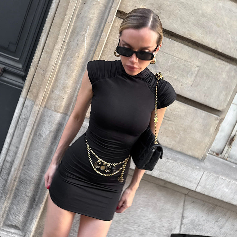 Women Clothing Summer Sexy Skinny Sheath Pleated Padded Shoulder Dress Women