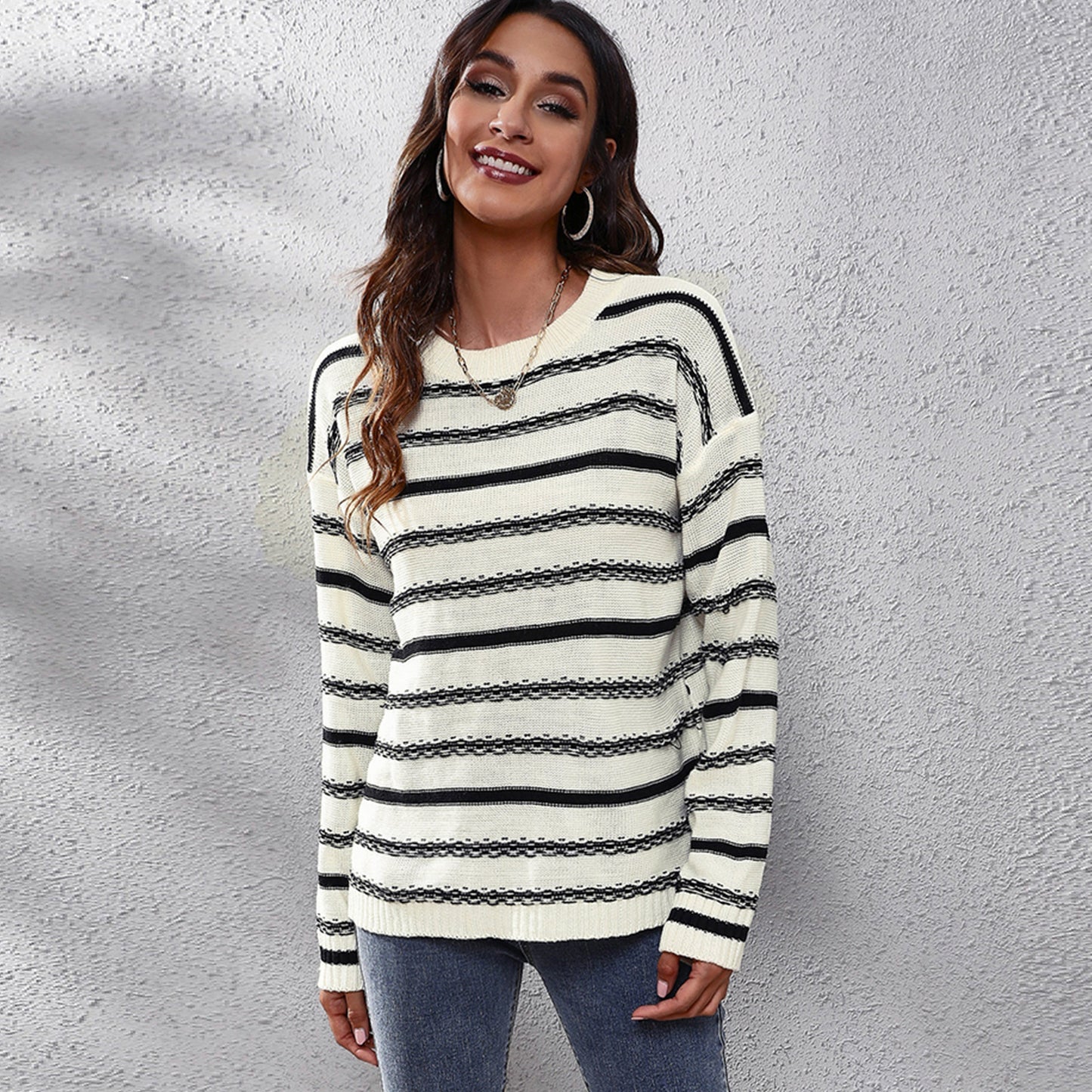 Striped Long Sleeved Sweater Women Loose Autumn Winter Knitwear Women Clothing Sweater