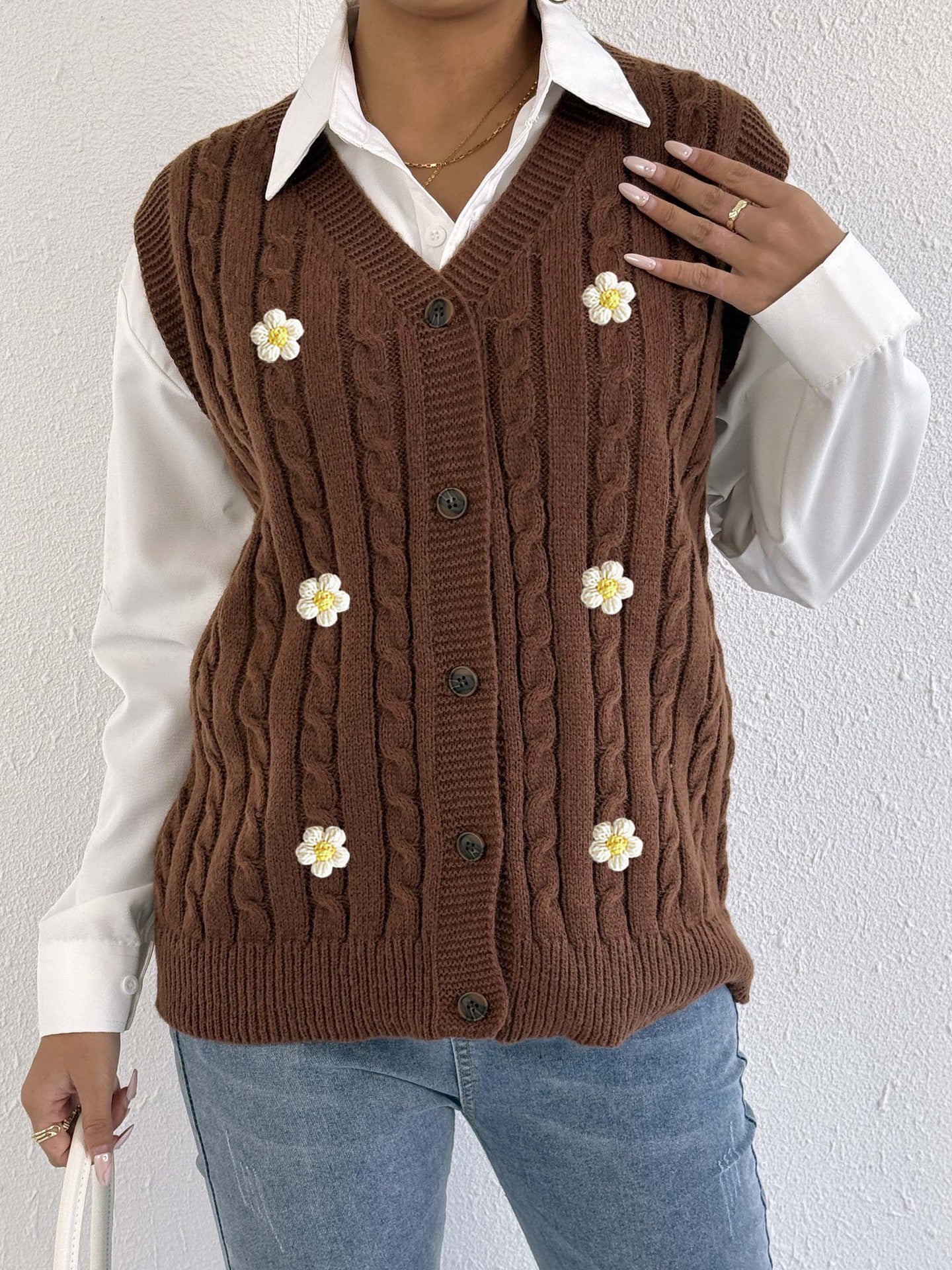 Women Knitted Cardigan Autumn Winter Women Clothing Casual Outerwear Vest Twist Woven Sweater Three Dimensional Floral Stitching Vest