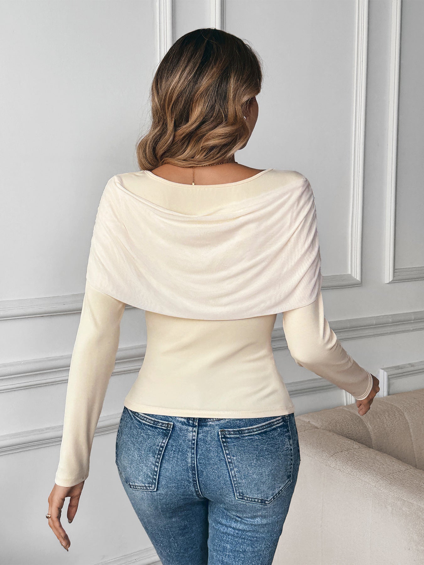 French Patchwork Cold Shoulder T shirt Women Ladies Elegant Pleated Design Slim Fit Sexy Long Sleeve Top