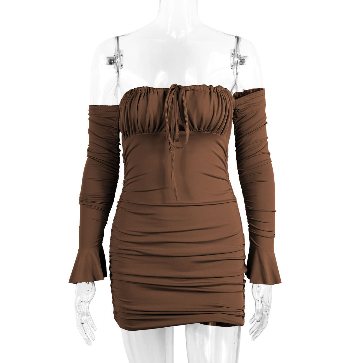 Women Clothing Spring Autumn Sexy Chest Wrapped Dress Chest Lace up Pleated Bell Sleeve Hip