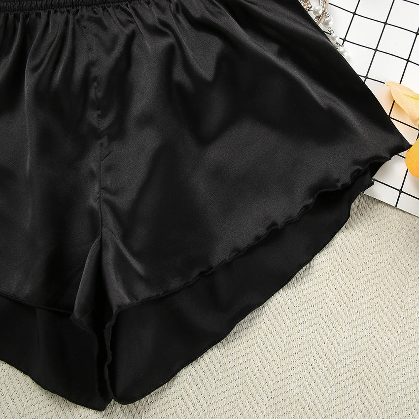 Summer Satin Design Sexy Pajamas Sexy Tied Spaghetti Strap Shorts Two Piece Set Homewear