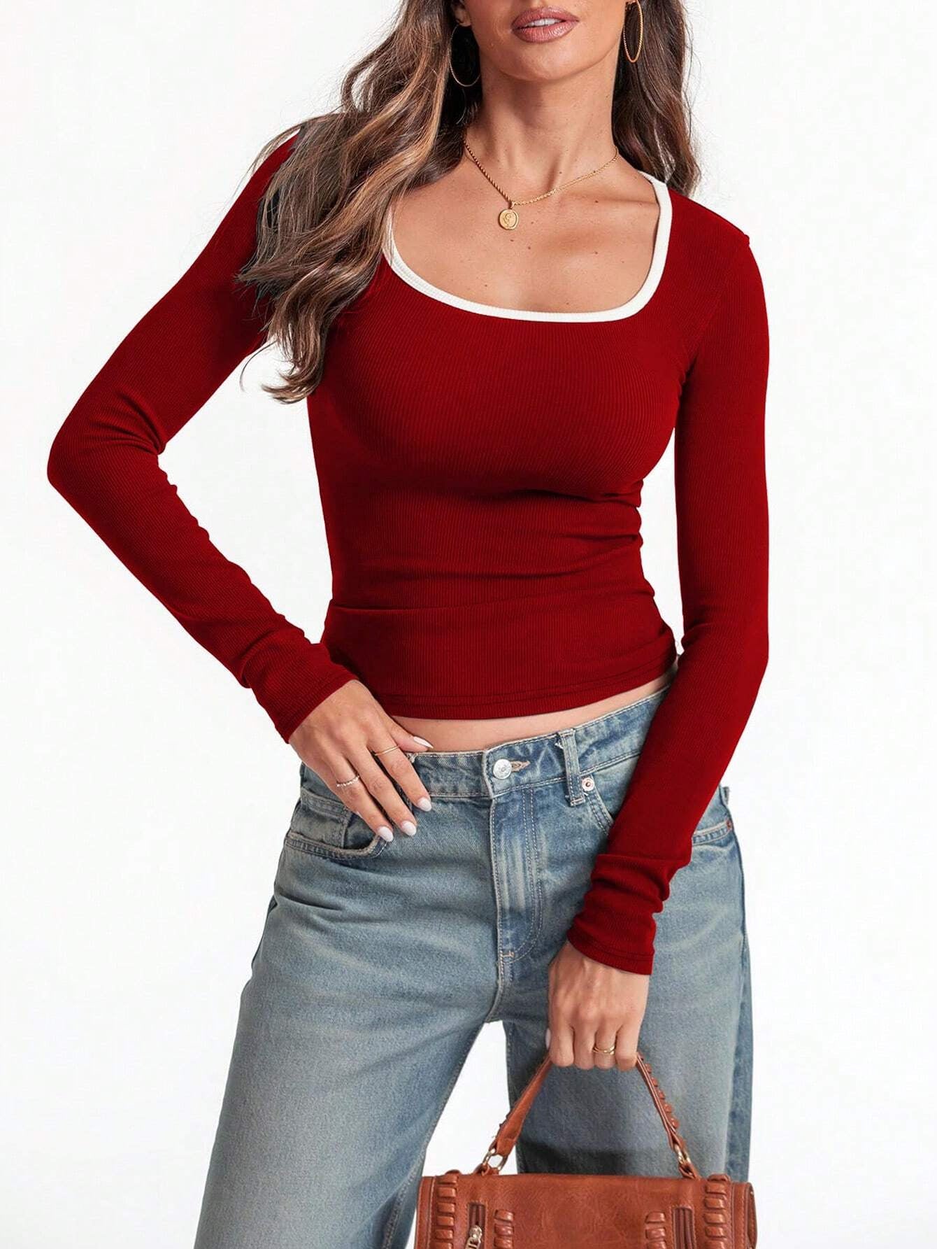 Square Collar Pullover Multicolor Solid Color Slim Fit Casual Long Sleeves Top Shirt